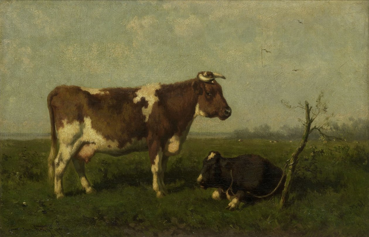 Una vaca con su ternero en un prado de Johannes Martinus Vrolijk