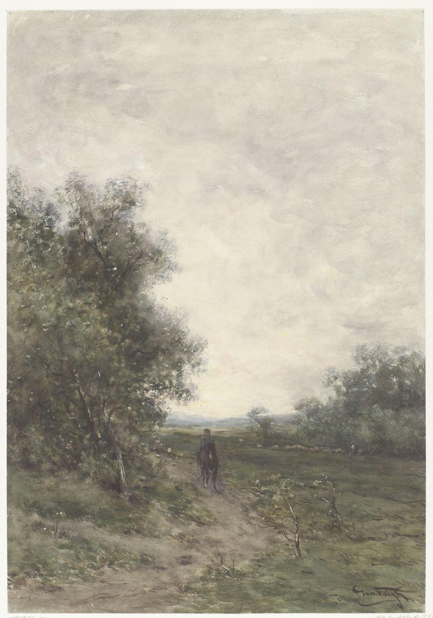 Paisaje con un jinete y un rebaño de ovejas con pastor de Johannes Martinus Vrolijk
