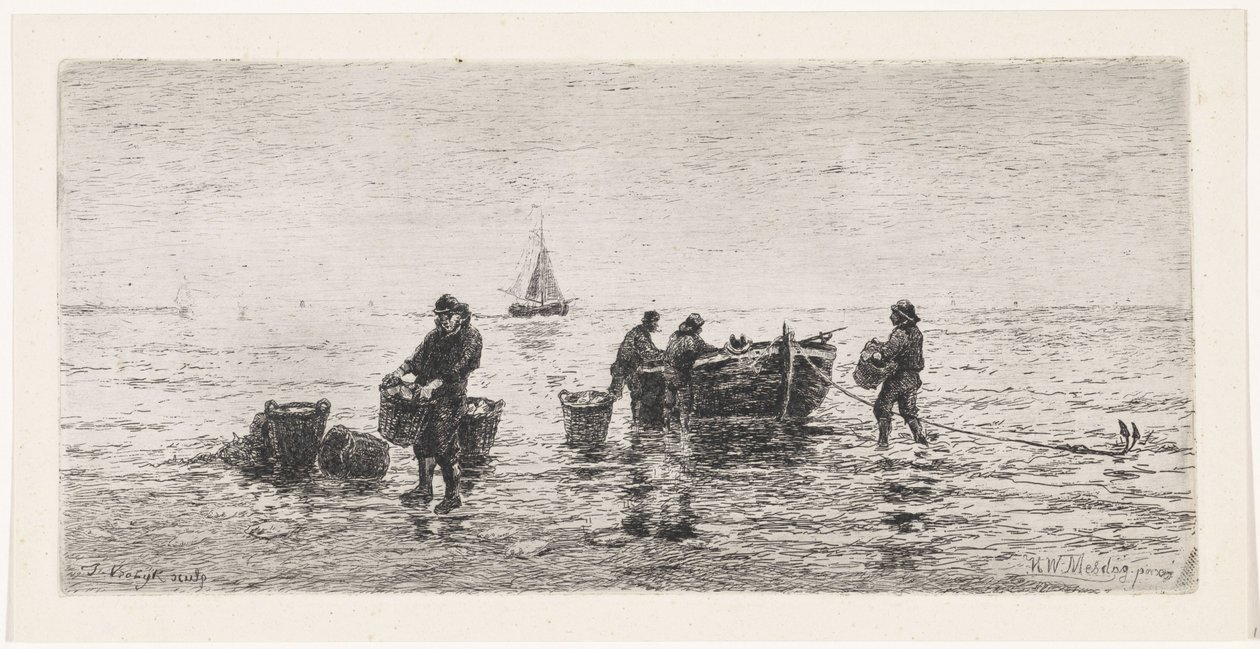 Los pescadores vacían un balandro en la playa de Johannes Martinus Vrolijk