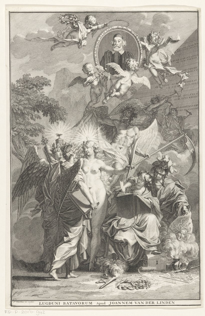 Portada alegórica con el retrato del escritor Edward Simson Página de título para: Edward Simson, Chronicon historiam catholicam complectens, 1729 de Jan Wandelaar