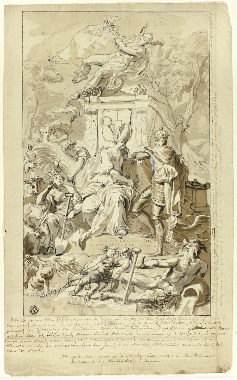 Diseño para página de título: Alegoría de la sumisión de la ciudad de Utrecht al emperador Carlos V de Jan Wandelaar