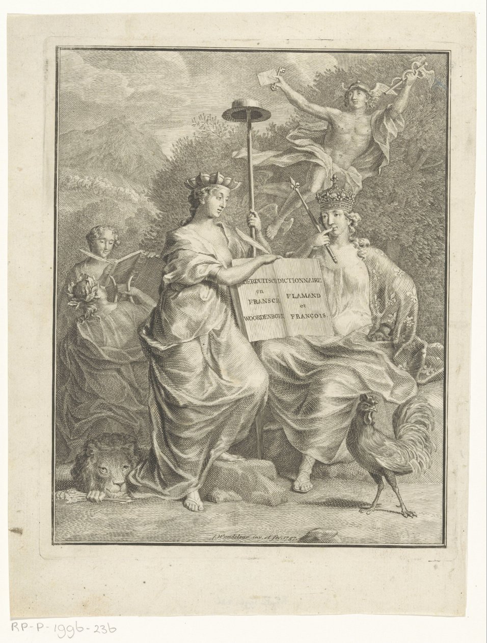 Personificaciones de los Países Bajos austriacos y Francia Diccionario holandés y francés / Dictionnaire Flamand et François (título sobre objeto) Página de título para: François Halma, The large French and Nederduitsch dictionary, 1761 de Jan Wandelaar