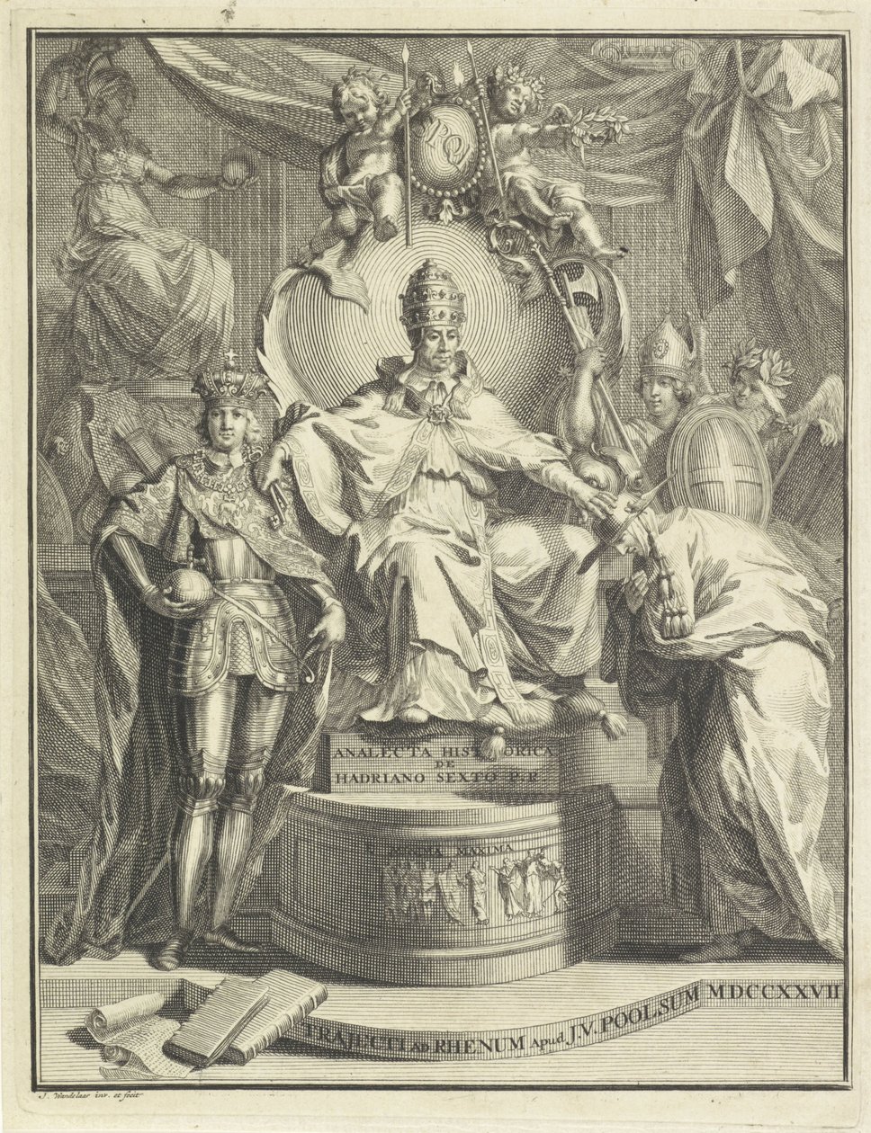 En el trono, Adrián VI Título de la página para: Burmann, Kasper. Hadrianus VI o anlecta historia de Hadrianus, el sexto papa romano, 1727 de Jan Wandelaar