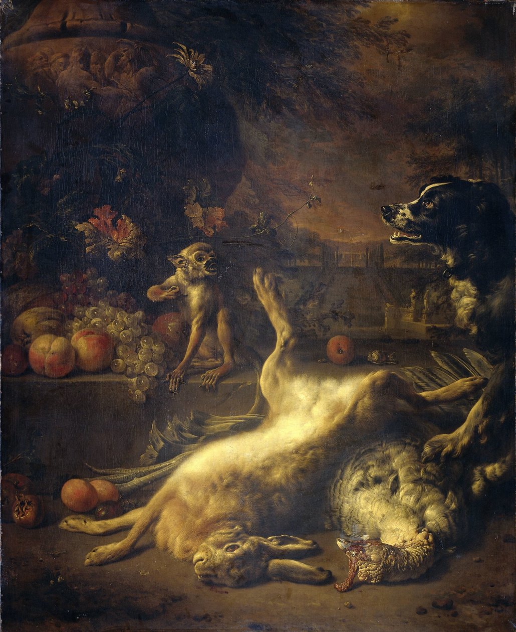 Un mono y un perro con caza y fruta muerta de Jan Baptist Weenix