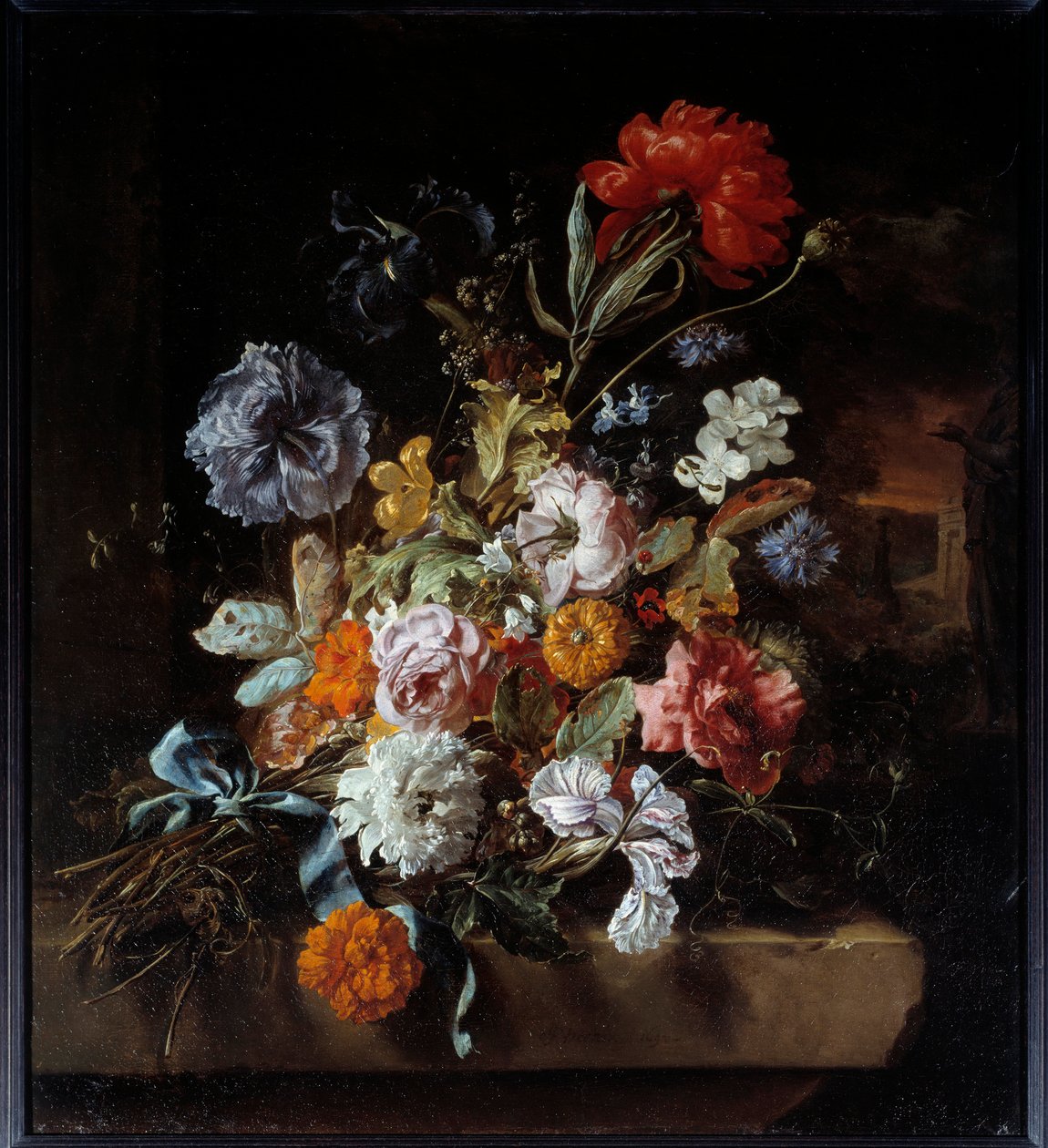 Ramo de flores depositado en un banco de piedra de Jan Baptist Weenix
