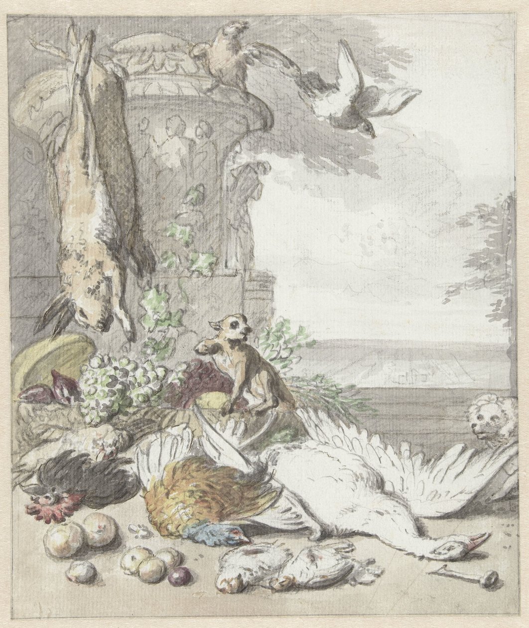 Caza muerta, un mono, un perro y algunos pájaros de Jan Baptist Weenix
