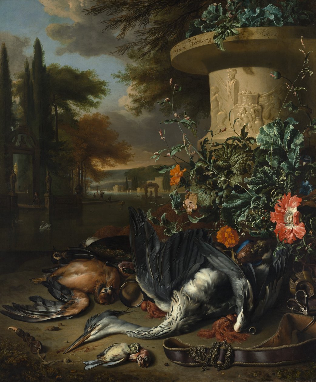 Pieza de caza con una garza muerta de Jan Baptist Weenix