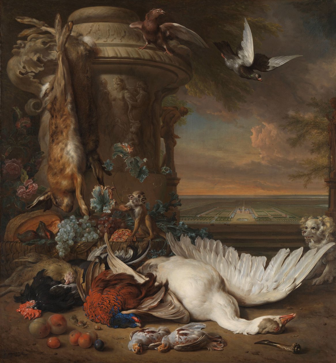 Bodegón de caza y frutas junto a un jarrón de jardín, con un mono, un perro y dos palomas, en la distancia Rijksdorp, cerca de Wassenaar, sede de Jacob Emmery, barón de Wassenaar de Jan Baptist Weenix