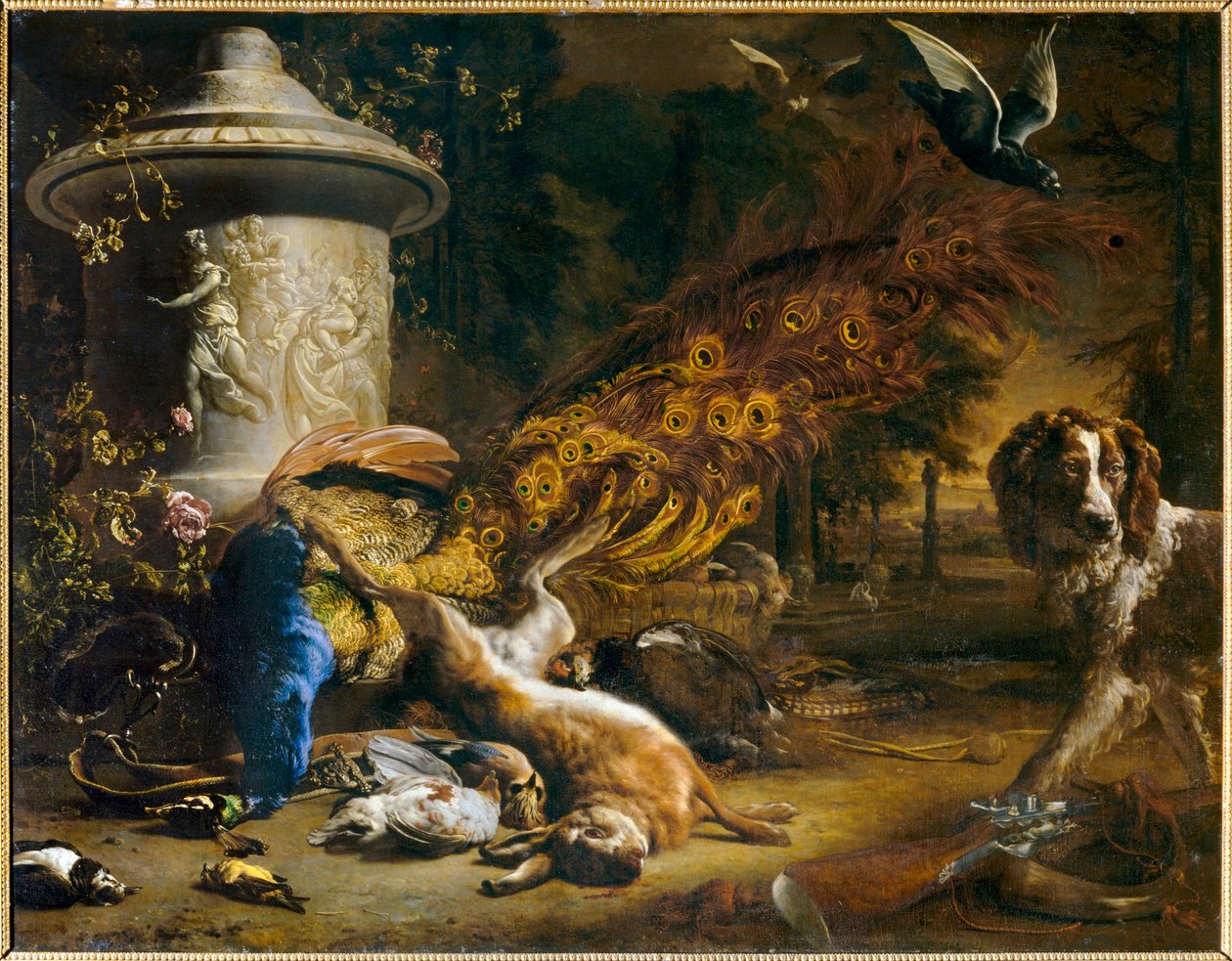 Bodegón con pavo real y perro o Los productos de la caza. 1696 ... de Jan Weenix