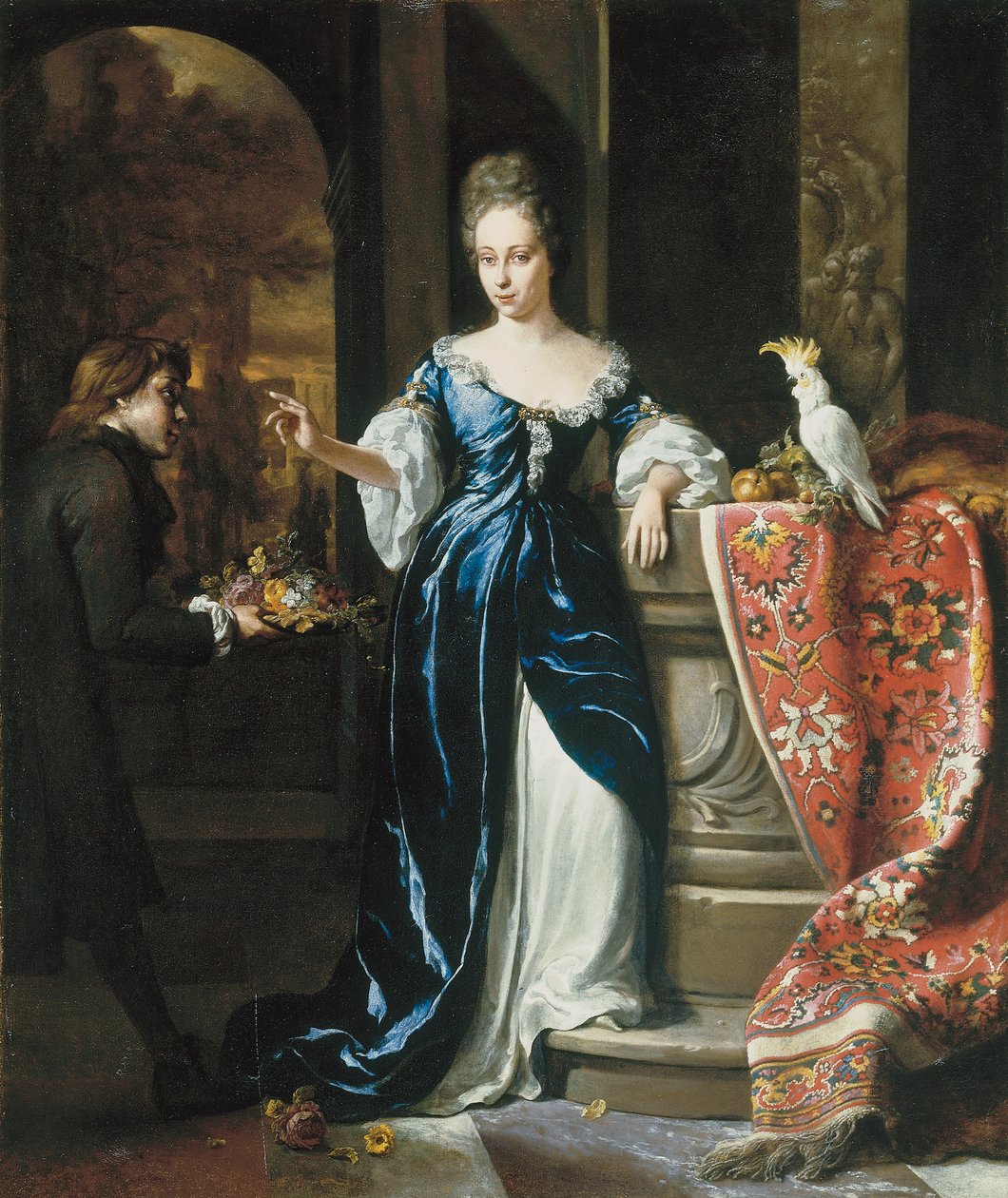 Retrato de Lodewina Schey con un vestido azul, con un asistente portando flores de Jan Baptist Weenix