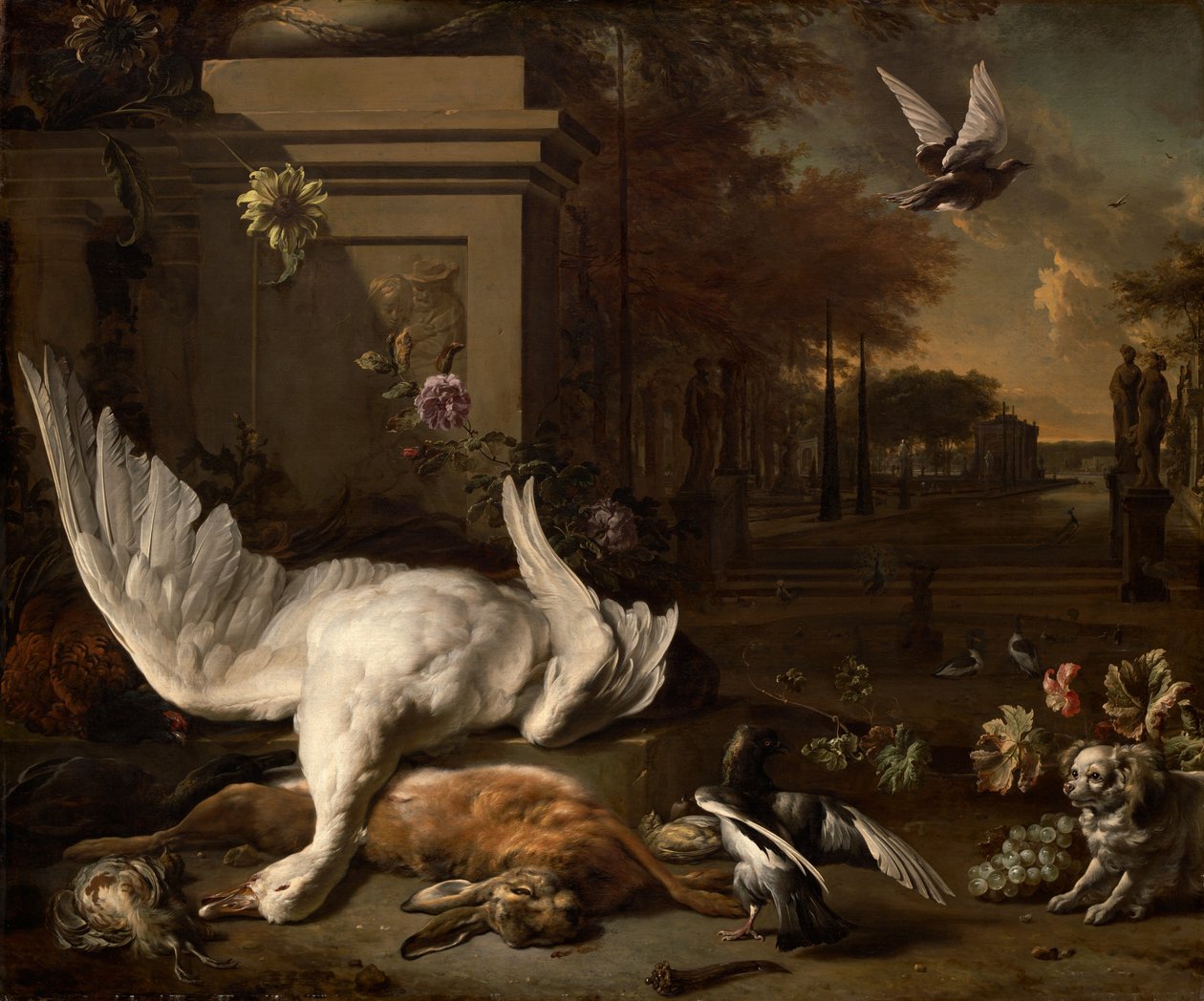 Naturaleza Muerta con Cisne y Caza frente a una Finca Rural, c. 1685 de Jan Baptist Weenix