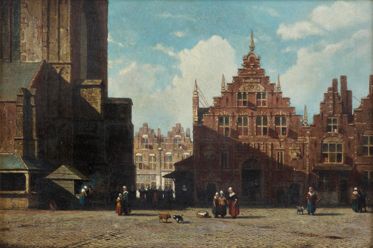 Vista soleada del Grote Markt con la iglesia de San Bavón y el Vleeshal, Haarlem (óleo sobre tabla) de Jan Weissenbruch