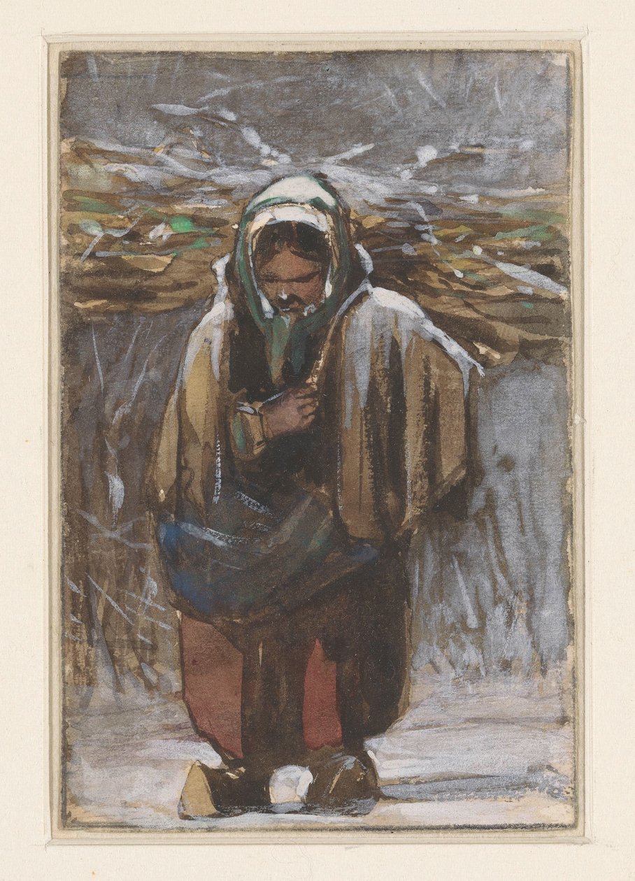 Mujer de granjero con troncos a la espalda en un paisaje invernal de Jan Weissenbruch