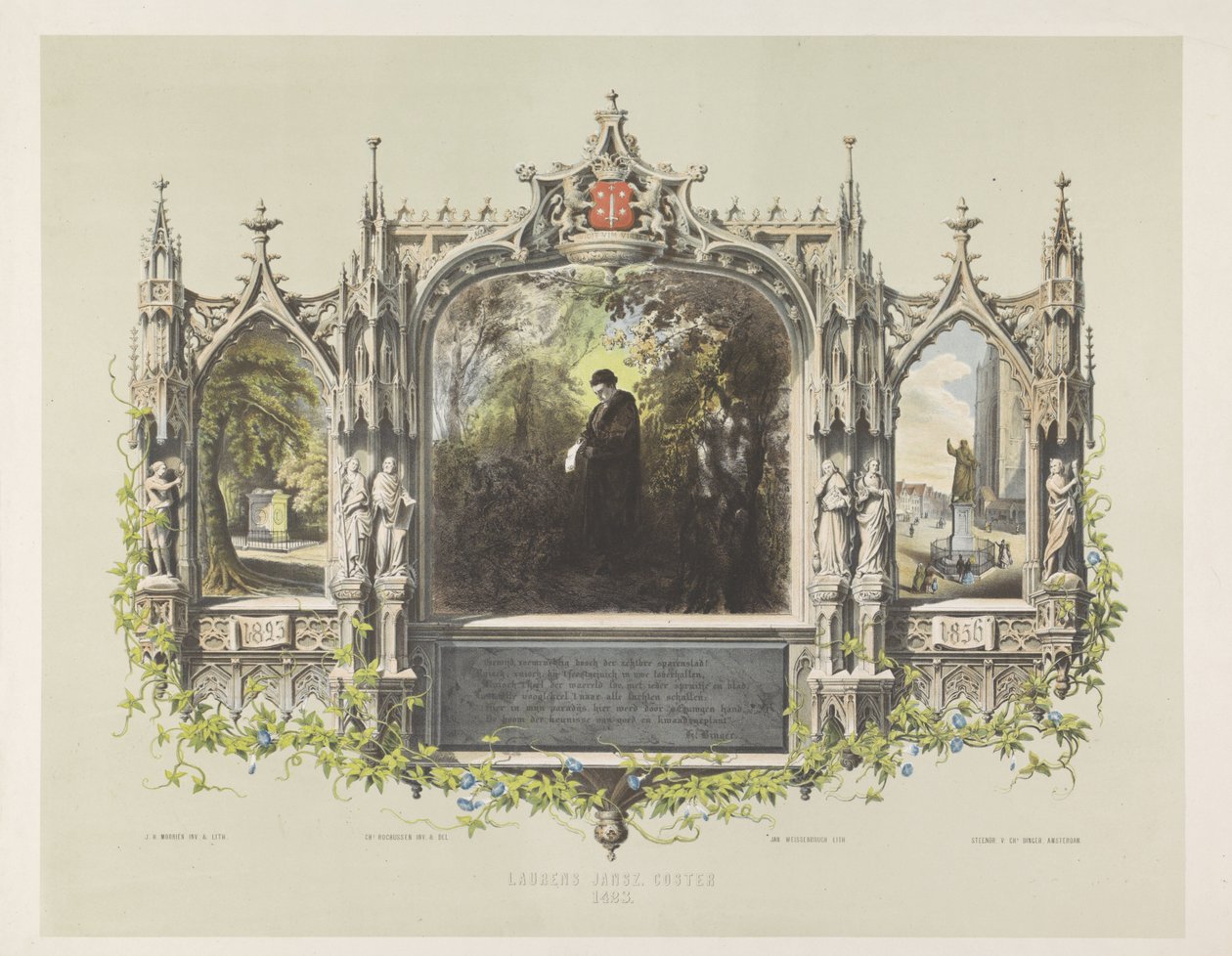 Placa conmemorativa de Laurens Coster en las festividades que rodearon la inauguración de la estatua en Haarlem, 1856 Laurens Jansz. Coster 1423 (título sobre objeto) de Jan Weissenbruch