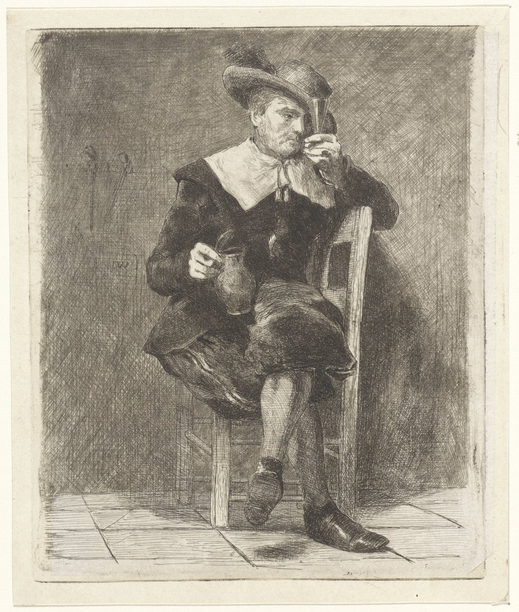Hombre con jarra y vaso en una silla de Jan Weissenbruch