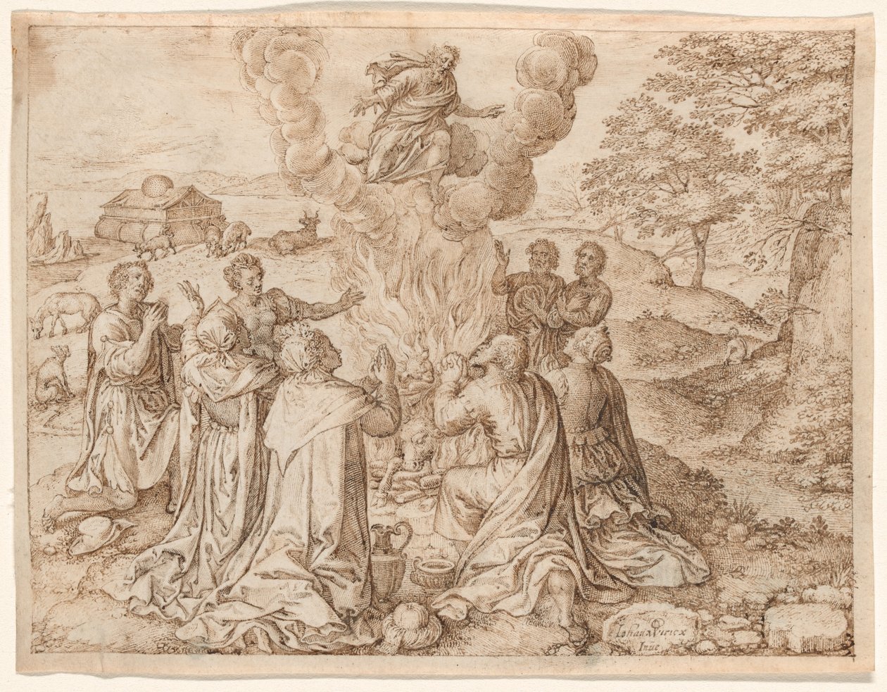 Sacrificio de Noé, lámina IX de La creación y la historia primitiva del hombre de Jan Wierix