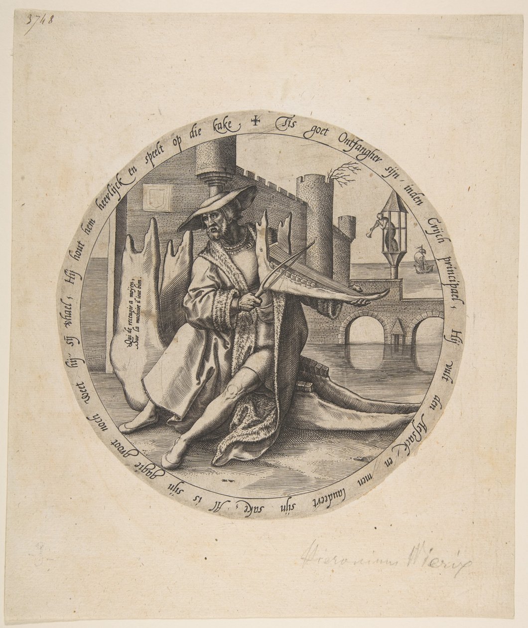 El hombre rico tocando el violín en una mandíbula, ca. 1568 de Jan Wierix