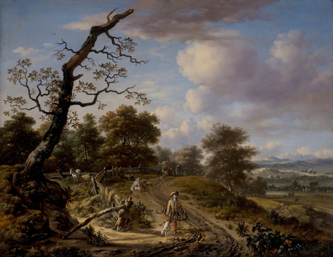 Un paisaje de colinas con un grupo de halcones de Jan Wijnants