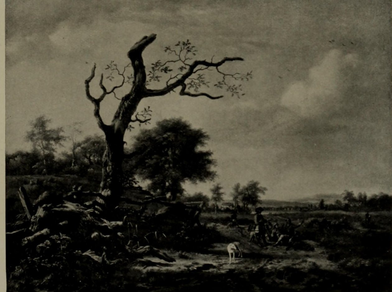 Holandés: Paisaje con cazadores en reposo El árbol sin hojas de Jan Wijnants