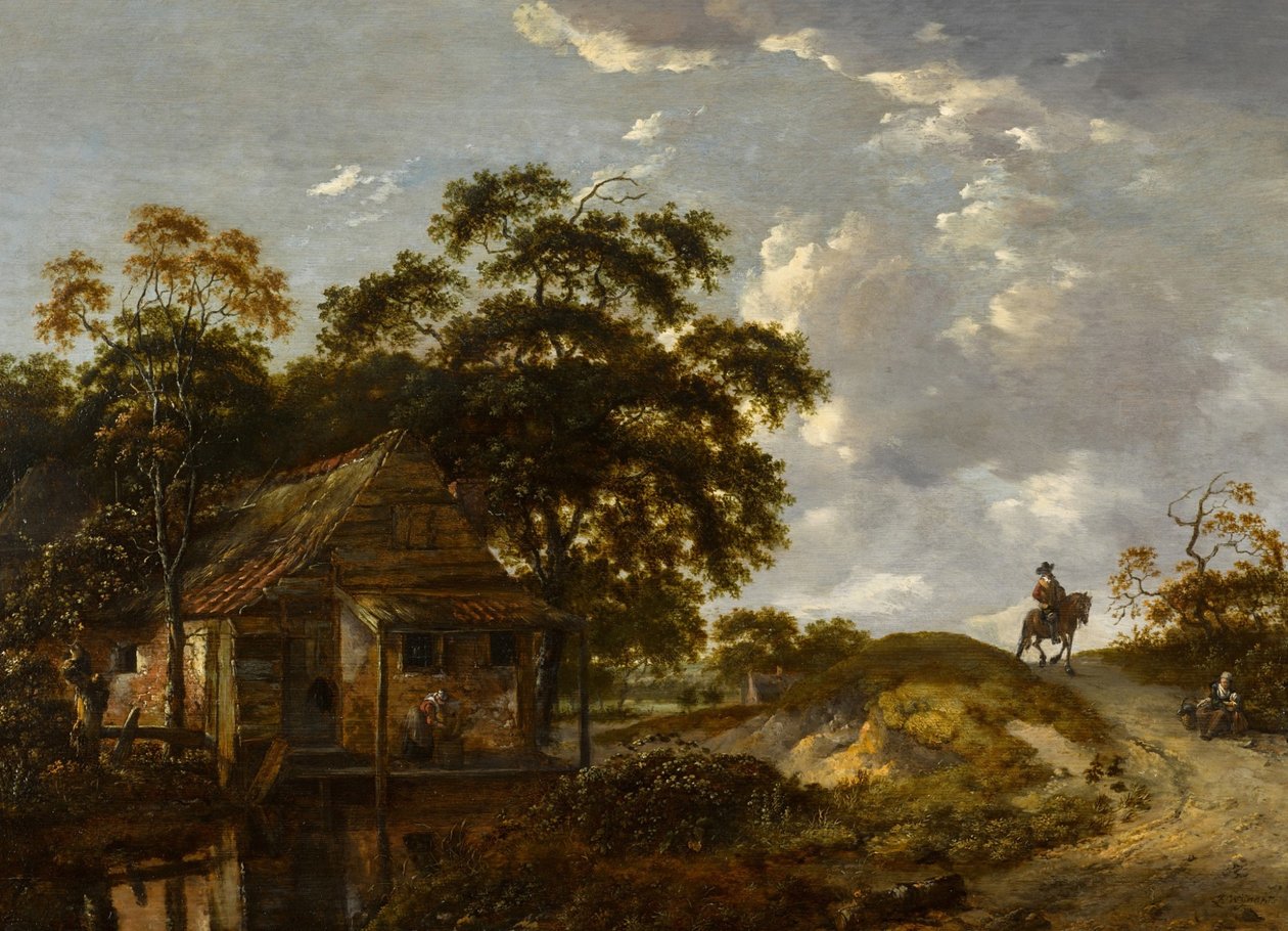 Paisaje con una cabaña junto a un río y una mujer fregando una olla, un caballero a caballo en un camino de Jan Wijnants
