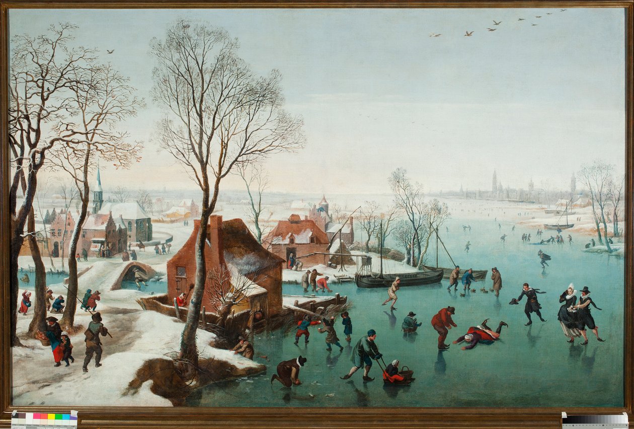 Diciembre, patinadores en un lago helado de Jan Wildens