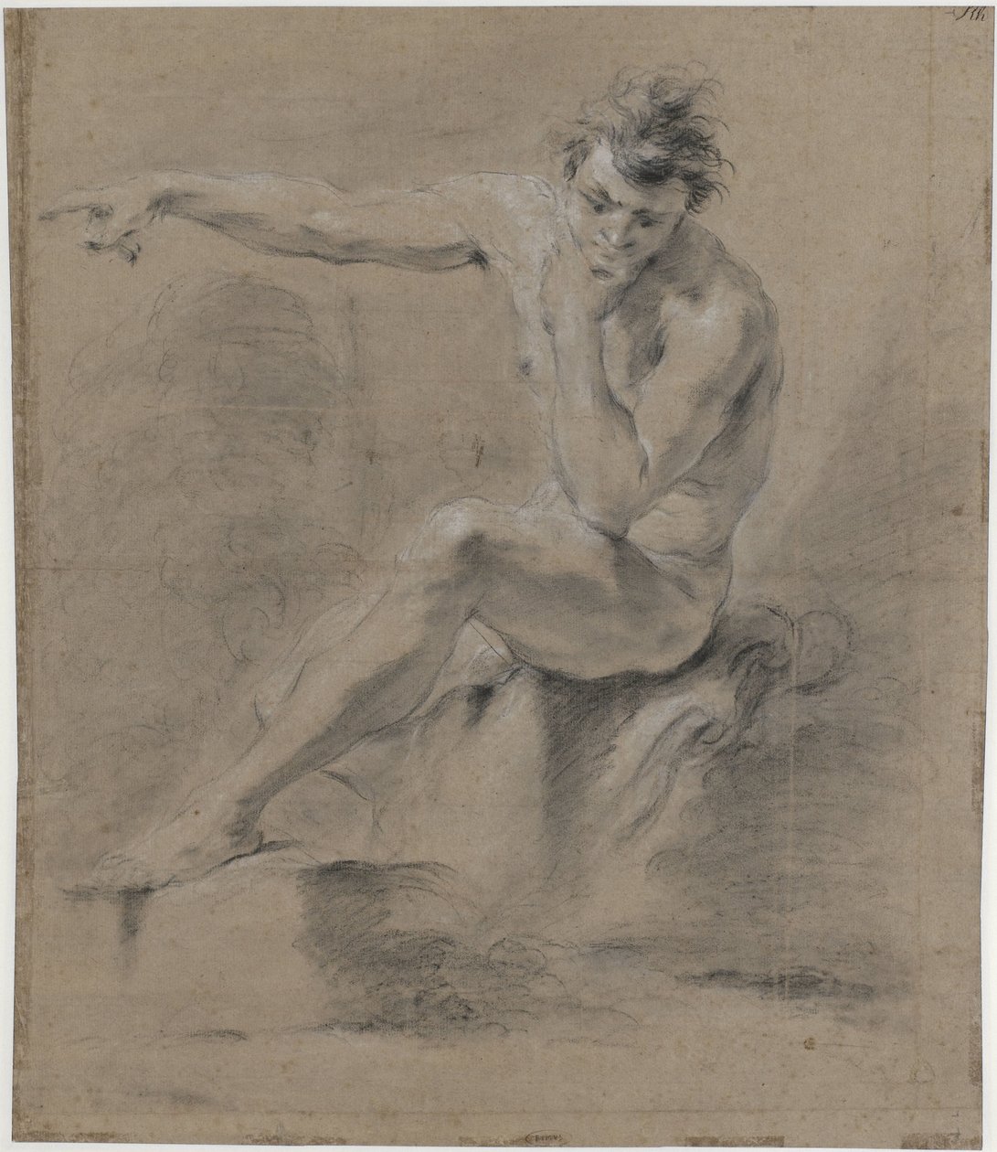 Desnudo masculino sentado, mirando a la izquierda, con los brazos en la espalda de Jan Willem Pieneman