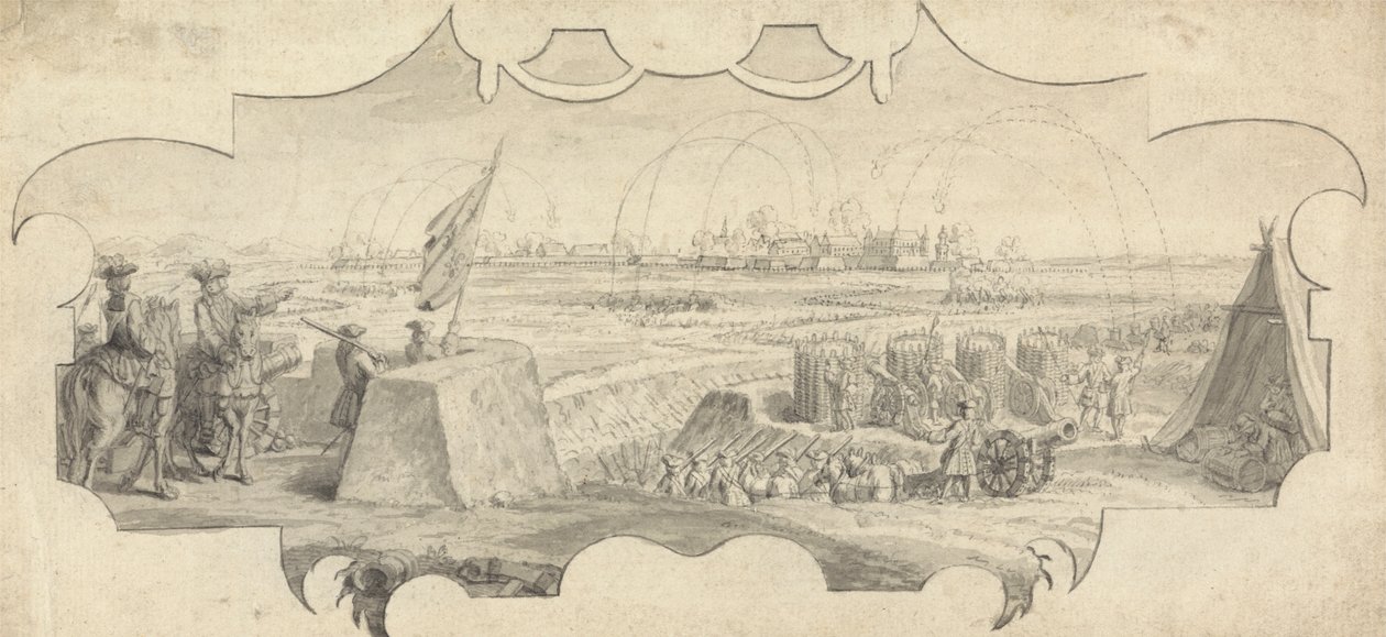 Un oficial sobre una muralla dirigiendo el bombardeo de una ciudad lejana de Jan Wyck