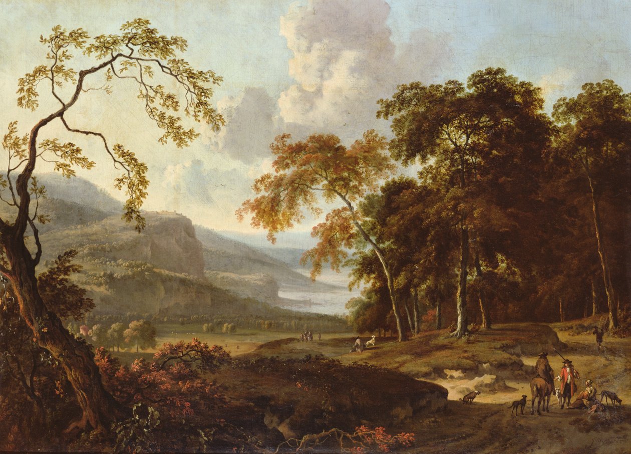 Una partida de caza en un paisaje clásico, c.1672-77 de Jan Wiynants