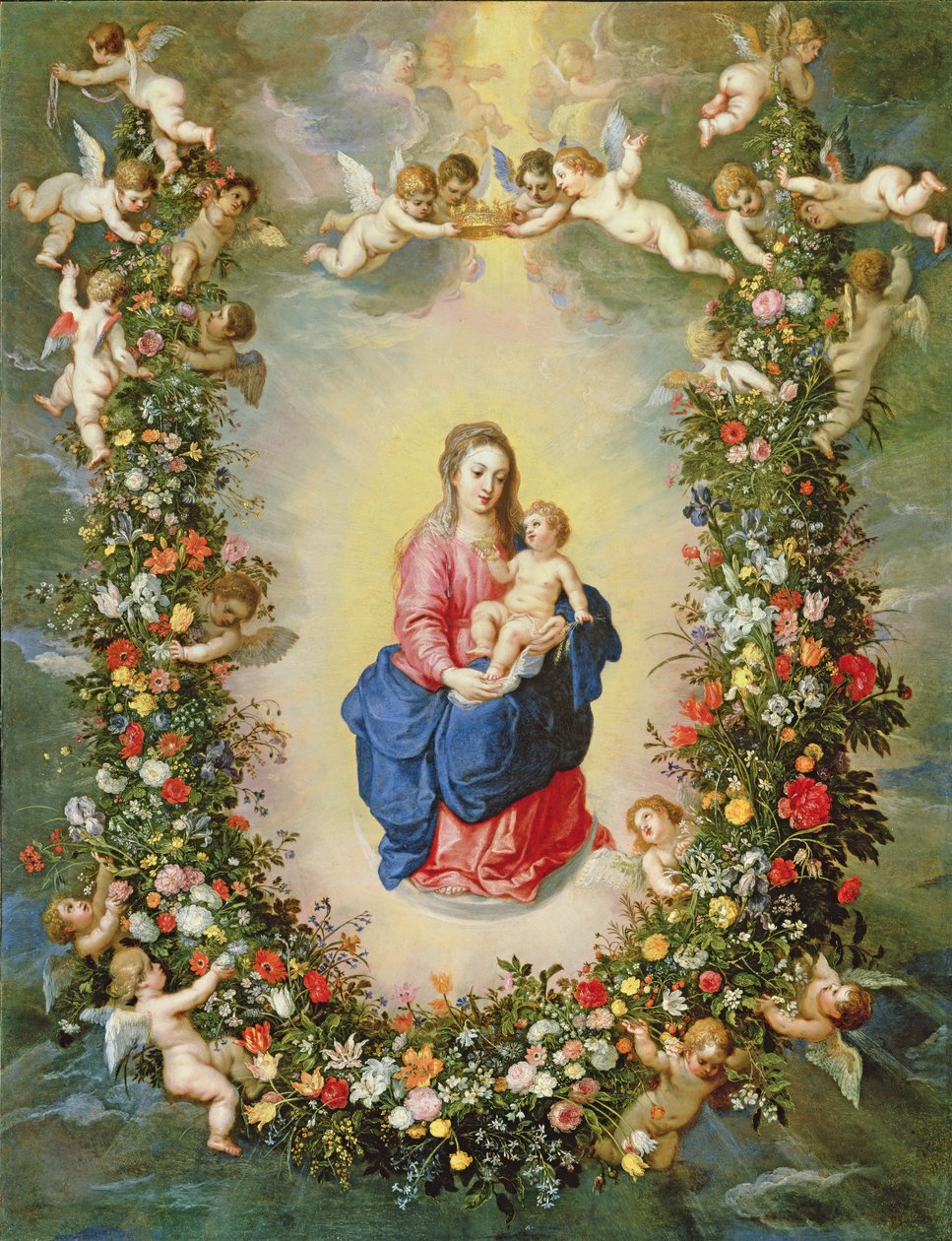 La Virgen y el Niño rodeados por una guirnalda de flores sostenida por querubines, c.1624 de Jan and Balen, Hendrik van Brueghel