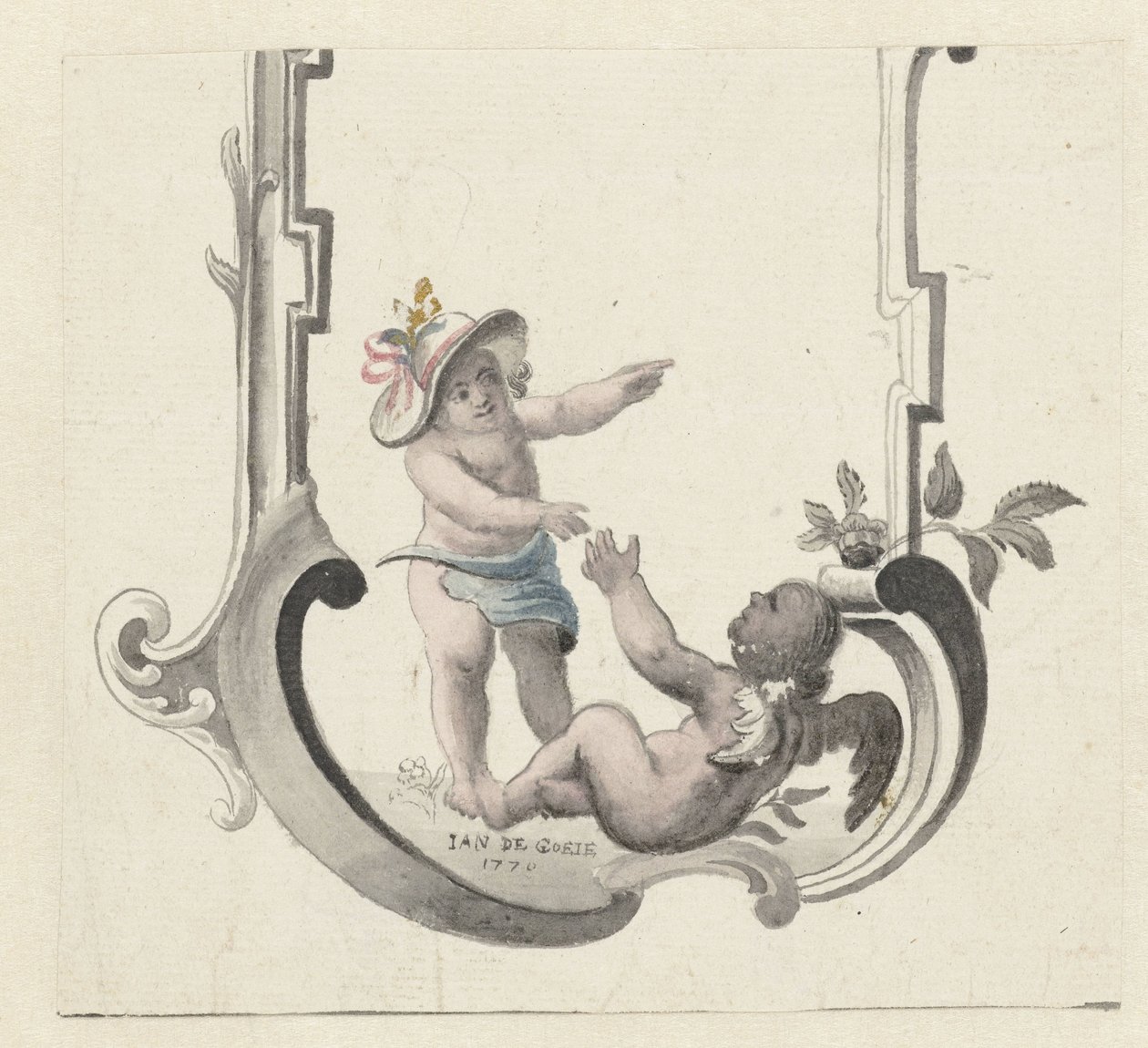 Adorno con dos putti jugando de Jan de Goeje