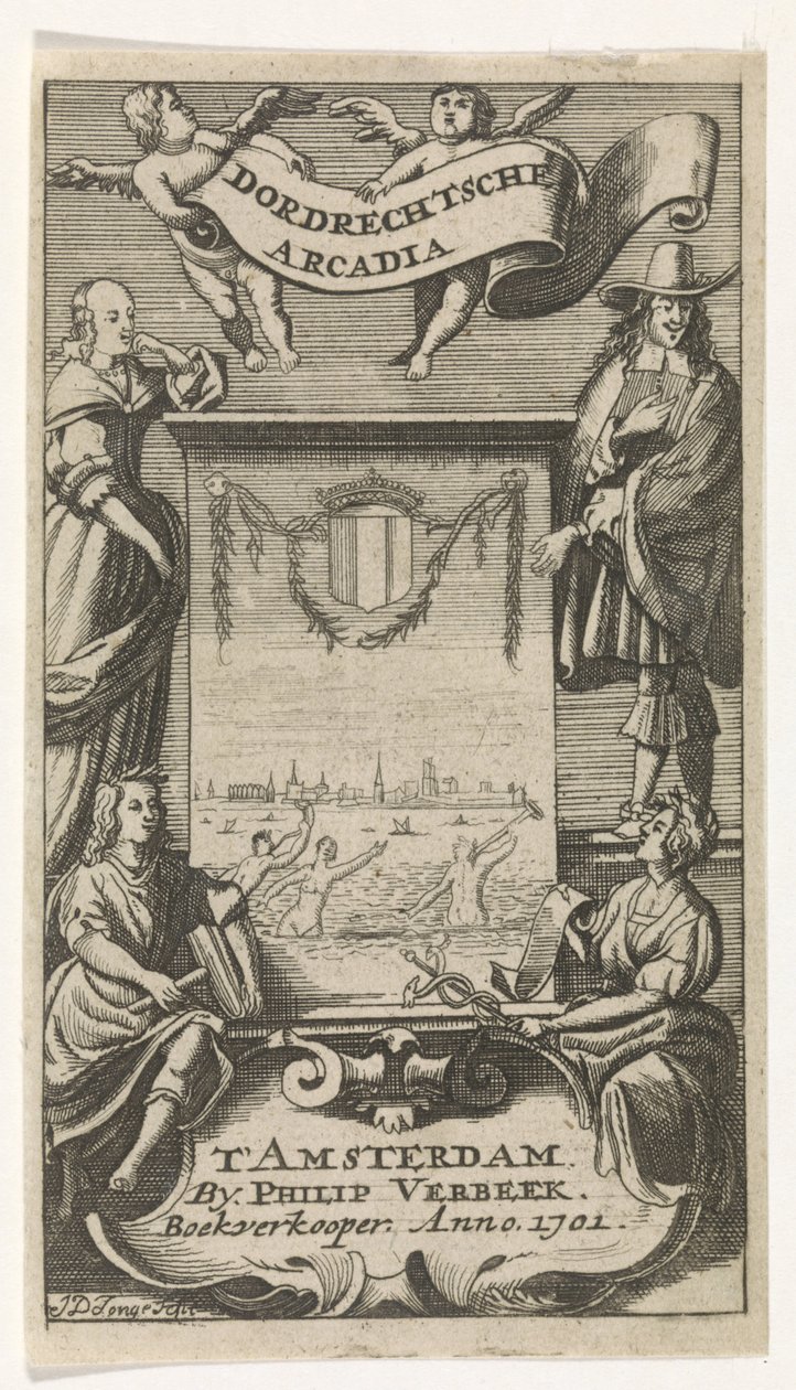 Cuatro figuras alrededor de un marco con vistas a Dordrecht Página de título para: Dordrechtsche Arcadia, 1701 de Jan de Jonge