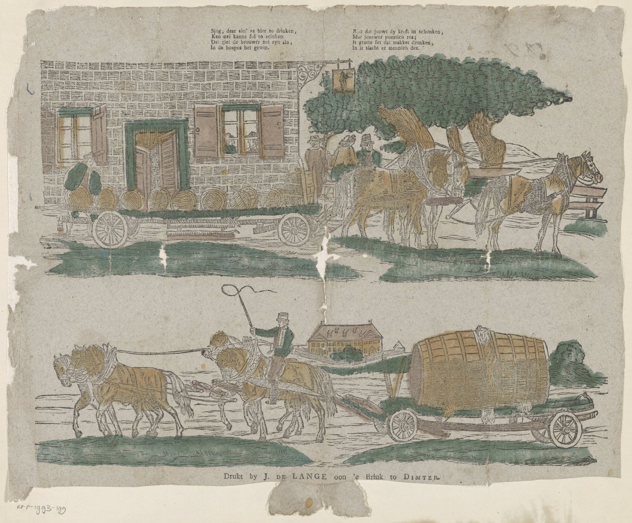 carritos de cerveza Mira, querida, se está sentando a beber cerveza, / Kan nei kanne full to seinken [(...)] (título sobre objeto) de Jan de Lange (II)
