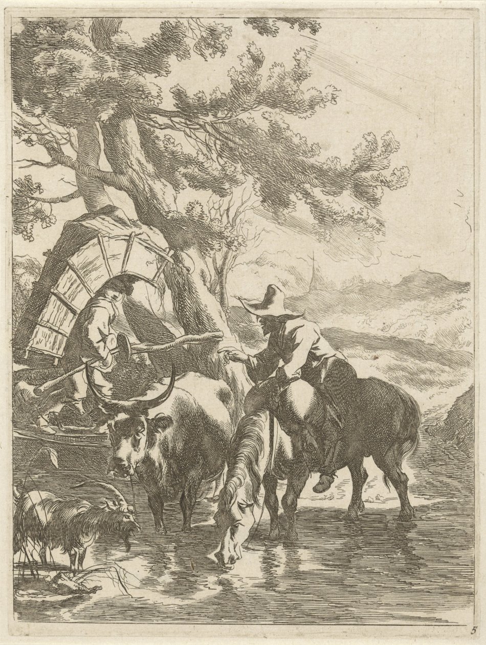 Pastor y niño empacado junto a un arroyo Paisajes con animales (título de serie) Diversa Animalia (título de serie sobre objeto) de Jan de Visscher