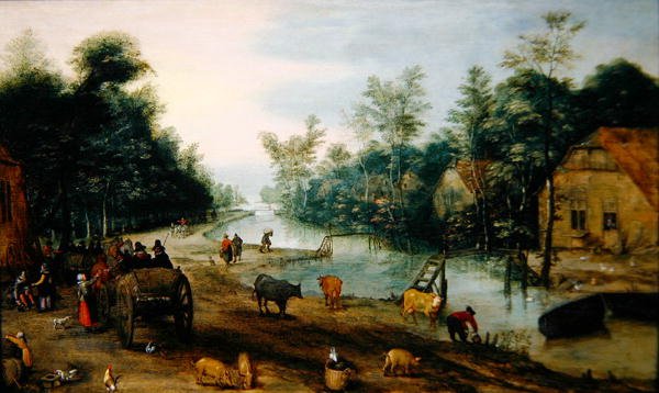 Paisaje fluvial arbolado en verano con viajeros llegando a una posada de Jan the Elder (circle of) Brueghel