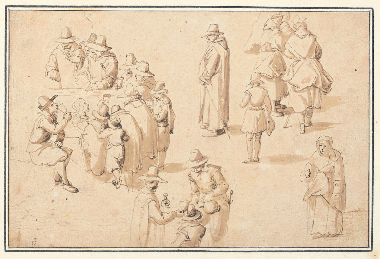 Una fuente en Spa con estudios de figuras elegantes tomando las aguas y de dos monjes y un sacerdote de Jan the Elder Brueghel