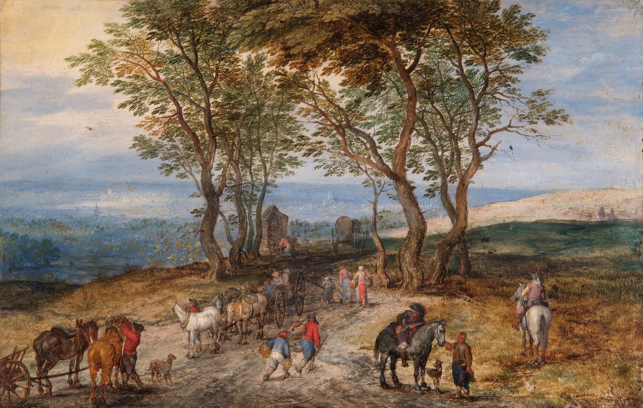 Escena campestre con figuras: Un hombre rezando en un santuario, c.1610 (óleo sobre cobre) de Jan the Elder Brueghel