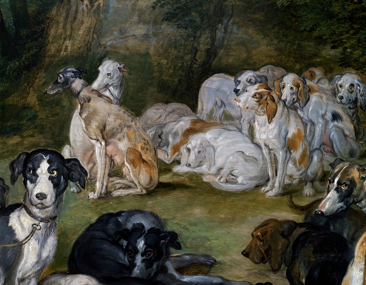 Perros, (detalle) de Diana y Ninfas a punto de partir de Jan the Elder Brueghel