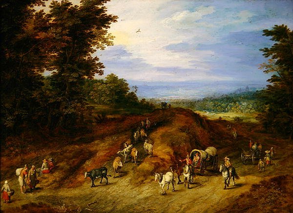 Paisaje con campesinos, carros y animales de Jan the Elder Brueghel