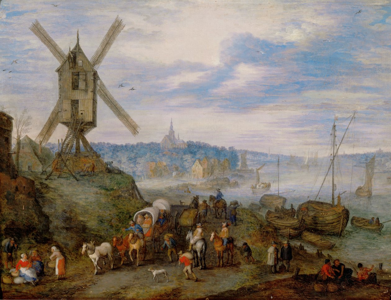 Puerto marítimo con molino de viento ... de Jan the Elder Brueghel