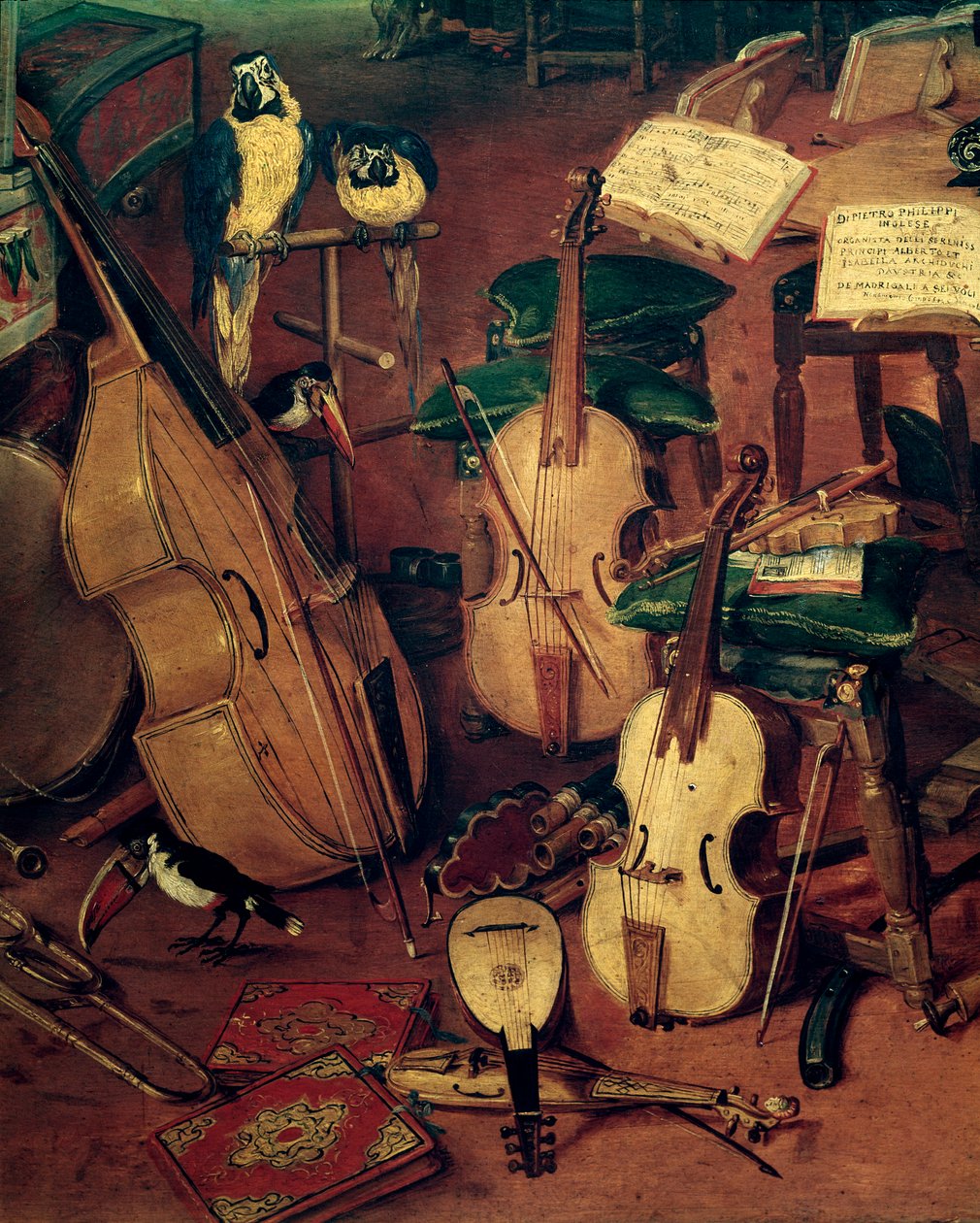 Cuerdas y loros, detalle de Alegoría de los cinco sentidos de Jan the Elder Brueghel