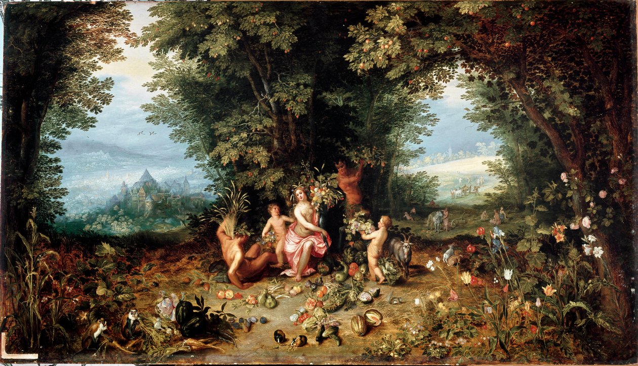 Los cuatro elementos: La Tierra. Alegoría. Vista del Paraíso Terrenal con frutas, verduras, flores y animales (incluyendo cobaya) de Jan the Elder Brueghel