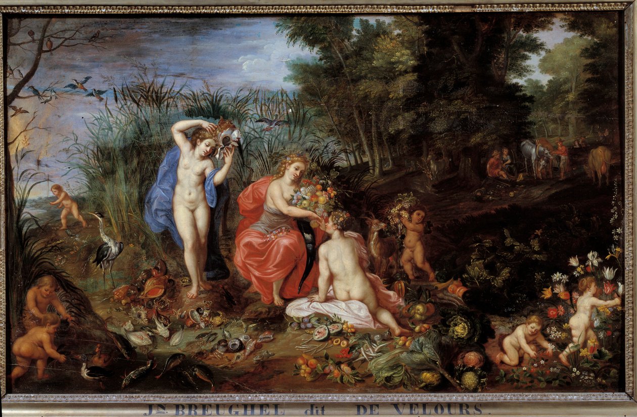 Los cuatro elementos Tres gracias representadas en un paisaje forestal, con vegetales (col, calabazas, alcachofas, zanahorias, pimientos) frutas (ciruelas, granadas, duraznos) pescado, mariscos de Jan the Elder Brueghel