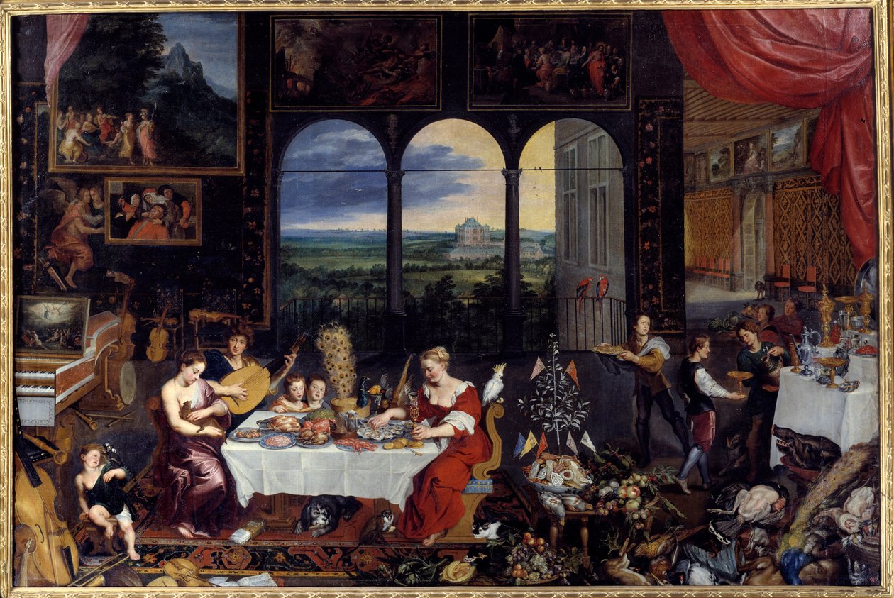 El gusto, el oído y el tacto. Alegoría de los cinco sentidos. La comida de una familia rica: aves y mariscos componen el menú del banquete. Pintura de Jan I Brueghel de Jan the Elder Brueghel