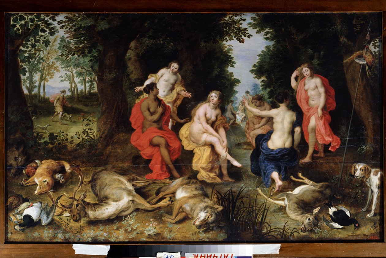 Descanso de Diana en la caza Los animales (lobo, ciervo, zorro) muertos por la diosa de la caza yacen en el suelo, mientras ella descansa rodeada de ninfas. Pintura de Jan Breugel el Viejo llamada Bruegel de Velours (Br de Jan the Elder Brueghel