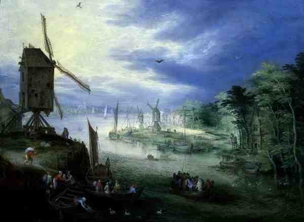 Paisaje fluvial con molinos de viento de Jan the Younger Brueghel