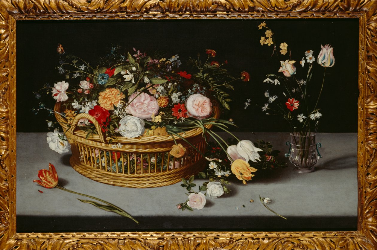 Naturaleza muerta con cesta y jarrón de flores (óleo sobre lienzo) de Jan the Younger Brueghel