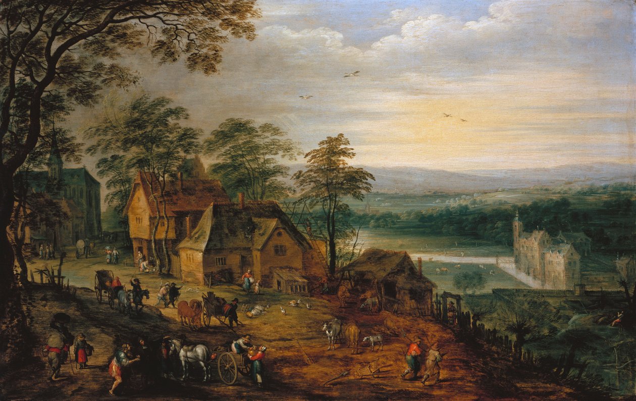 Calle del pueblo con figuras y carros, un castillo con foso en el fondo de Jan Brueghel the Younger