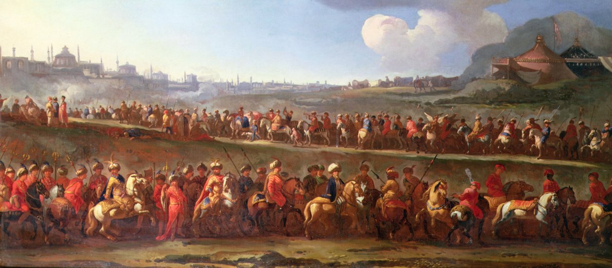 Una caravana turca en las afueras de Constantinopla (óleo sobre lienzo) de Jan van (attr. to) Huchtenburgh