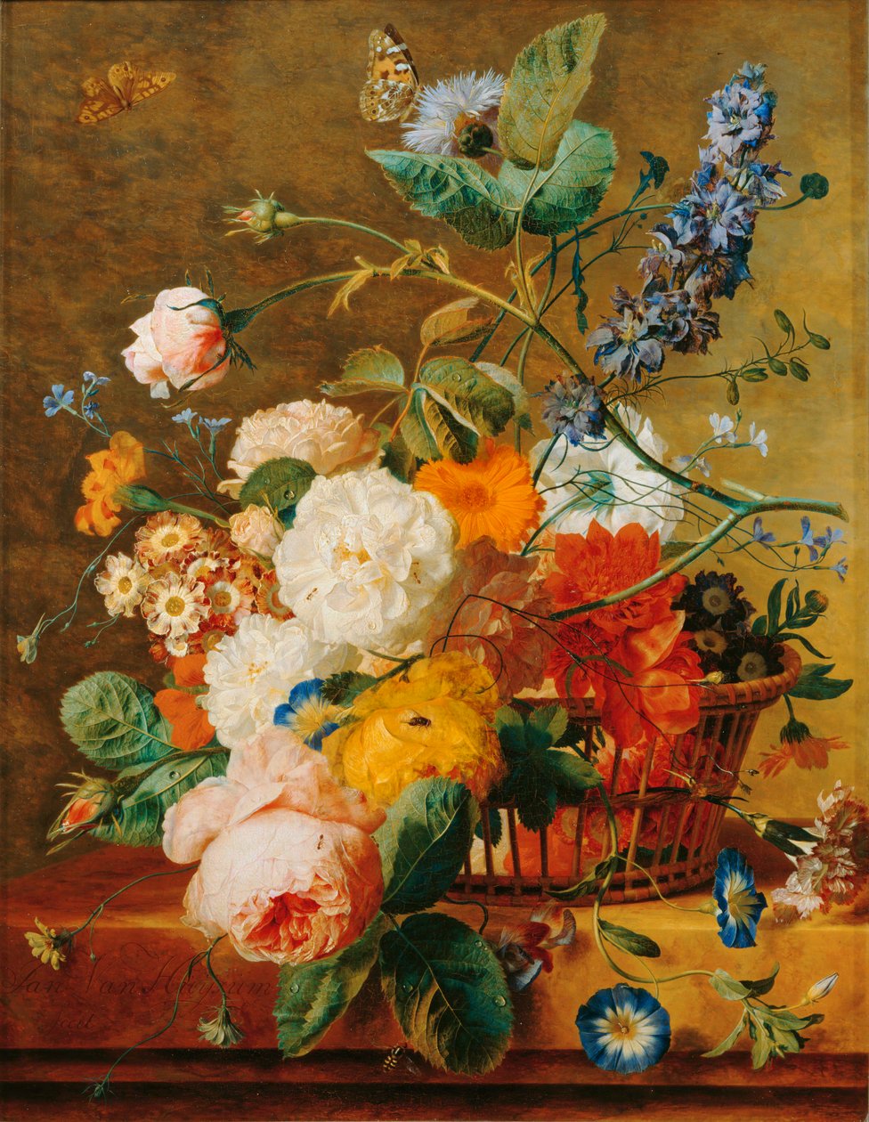 Cesta de flores con pedestal sobre fondo de parque - Una cesta ... de Jan van (follower of) Huysum