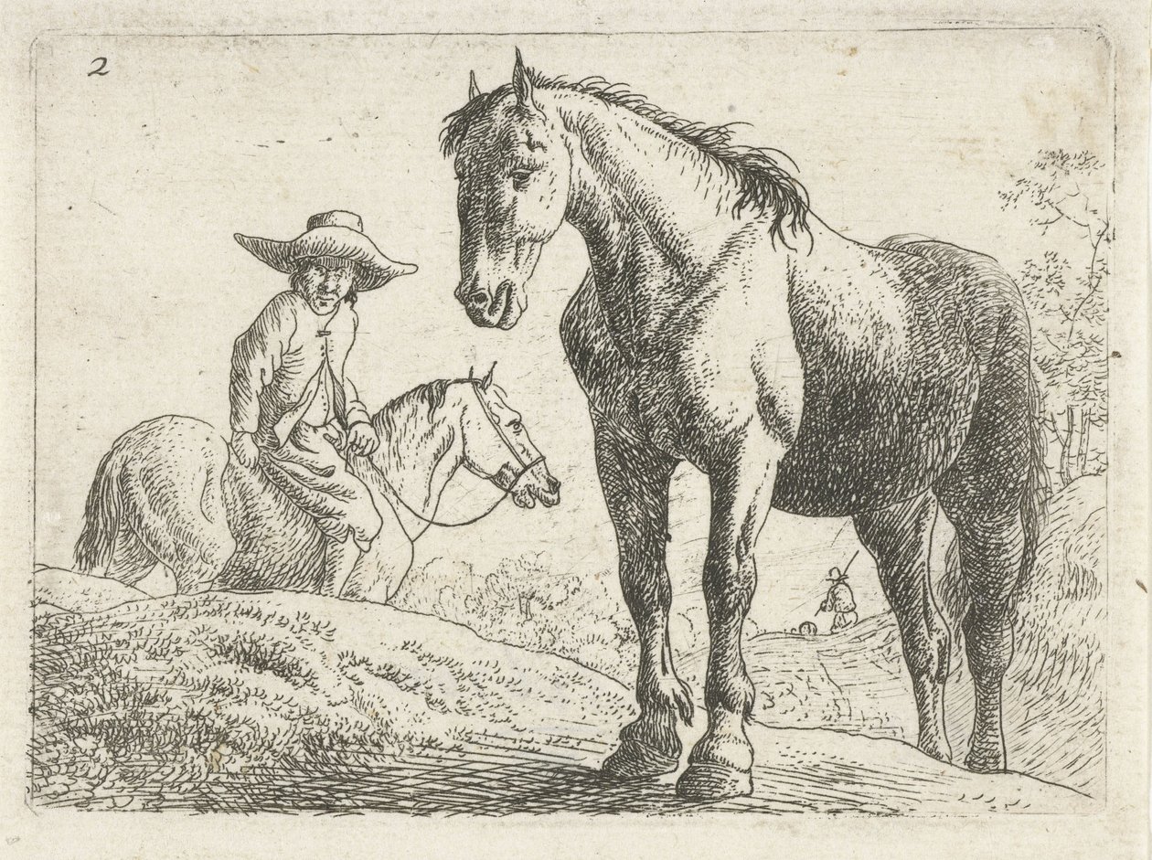 Un caballo, un hombre a caballo al fondo de Jan van Aken